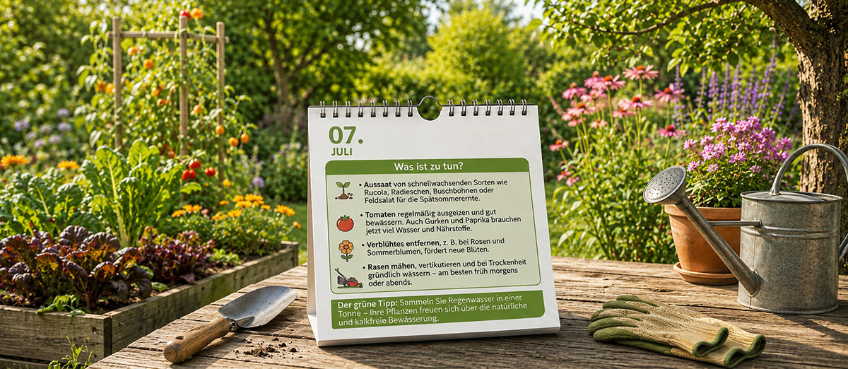Sonniger Sommergarten im Juli mit &uuml;ppigen Beeten und morgendlicher Bew&auml;sserung