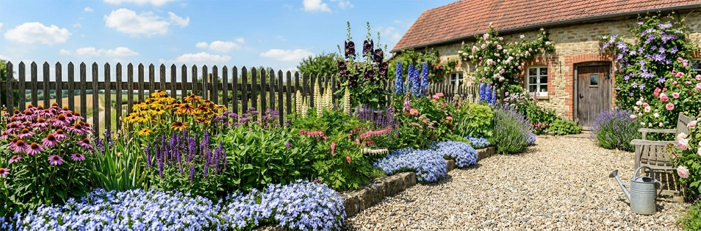 Klassischer Bauerngarten mit Stockrosen, Rittersporn und Lupinen im Sommer
