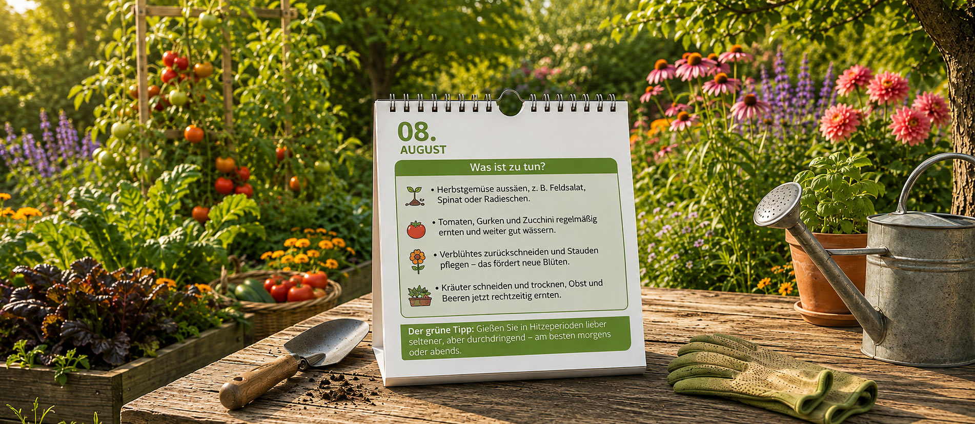Sp&auml;tsommerlicher Garten im August mit reifen Tomaten, bl&uuml;henden Dahlien und &uuml;ppigem Gem&uuml;sebeet