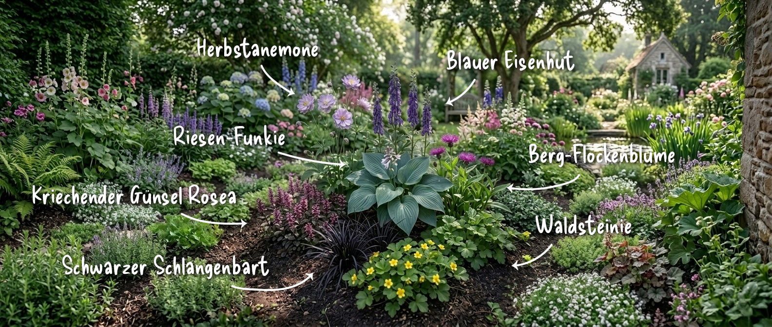 Schattenstauden in einem gepflegten Garten – Funkien, Herbstanemonen und Bodendecker