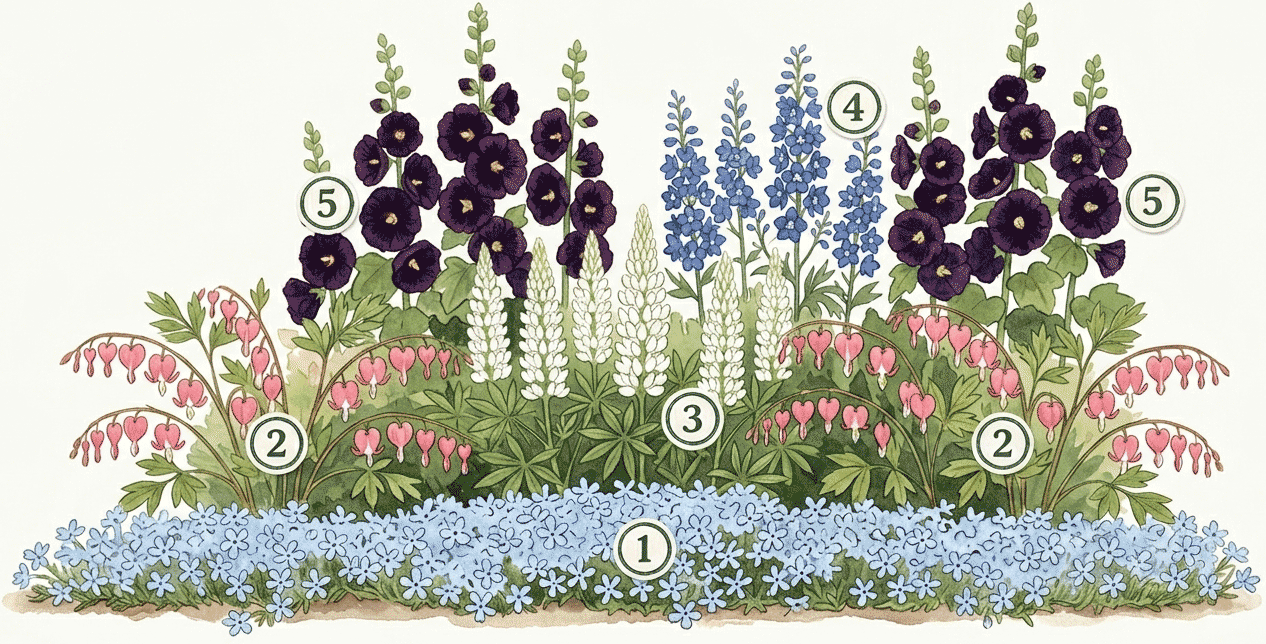 Illustrierter Pflanzplan f&uuml;r den Bauerngarten: Polsterphlox, Tr&auml;nendes Herz, Lupine, Rittersporn und Stockrose in Staffelung
