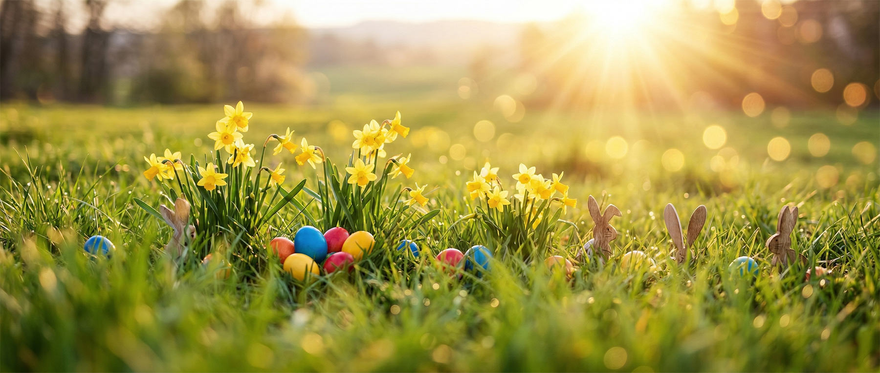 Fr&uuml;hlingsgarten mit bunten Ostereiern zwischen bl&uuml;henden Tulpen und Narzissen
